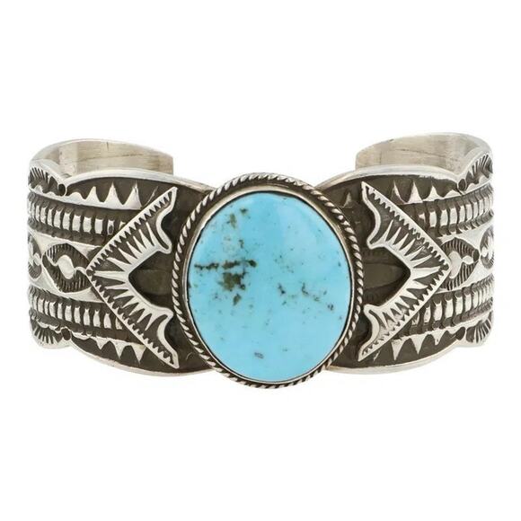 Sterling Silver Turquoise Cuff Bracelet By Freddie Maloney Native Navajo Signed - Picture 1 of 4